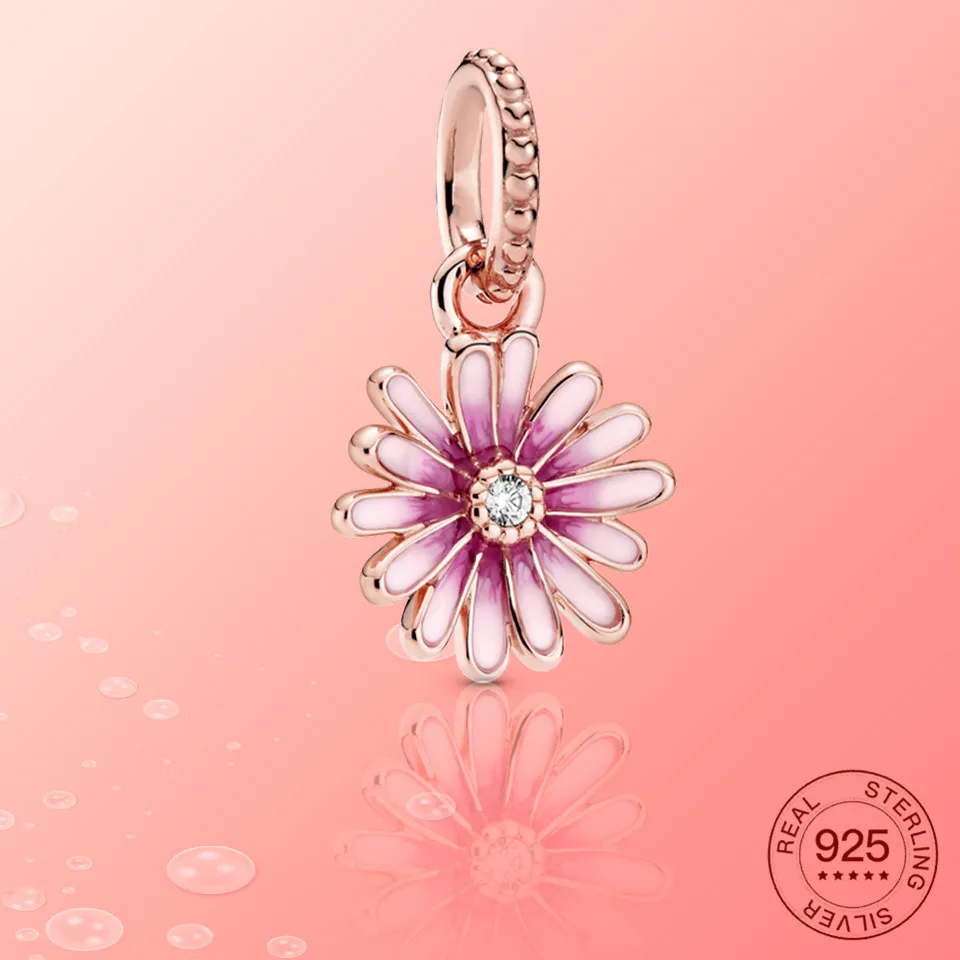 Настоящее серебро 925 пробы эмаль амулеты розовое золото Маргаритка подходит для