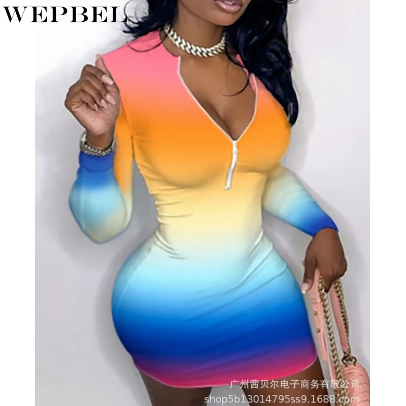 

WEPBEL Dress Women's Fashion Tie-Dye Print Slim High Waist Dress Spring and Summer Leisure Long Sleeve V-neck Sexy Mini Dress