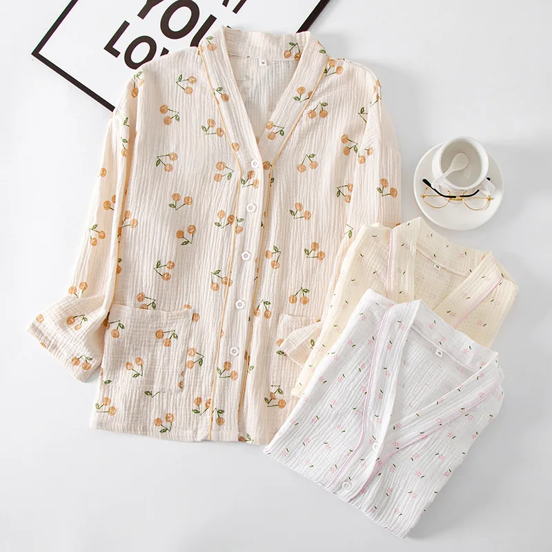 Fdfklak Double Gauze Cotton Thin Pajama Top Nighties Pijama 2022 Spring Print Home Clothes V-Neck Cardigan Sleepwear Female