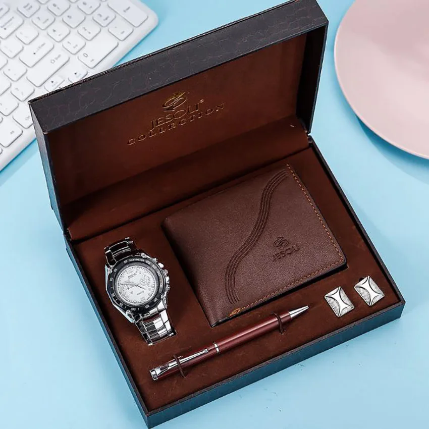 Сталь часы 4 шт./компл. бутик подарочный набор запонки кошелек кварцевые ручка