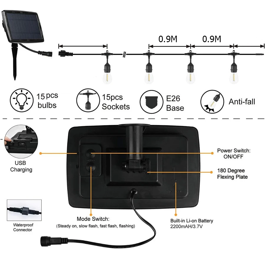 

S14 Commercial Grade Solar Globe String Lights With 10/15PCS LED Bulbs Outdoor Garden Backyard Globe Fairy Garland String Light