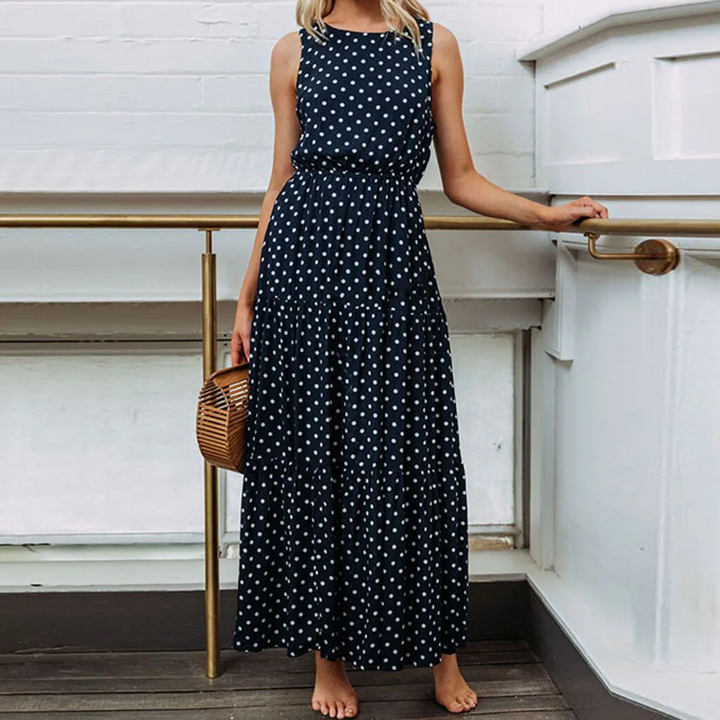 Женское платье в горошек лето 2020 без рукавов с круглым вырезом женское вечернее