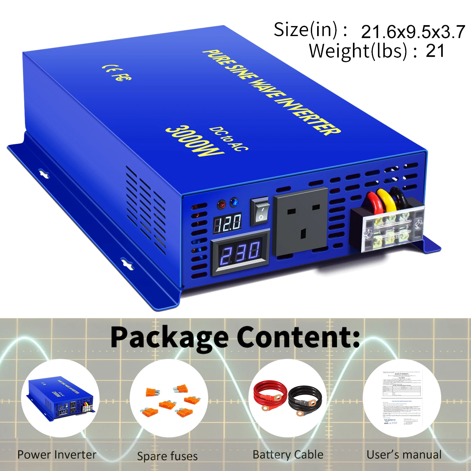 Pure Sine Wave Inverter 3000W Solar Panel Power Bank Inverter 12V/24V/36V/48V DC to 100V/110V/120V/220V/230V/24V AC Converter