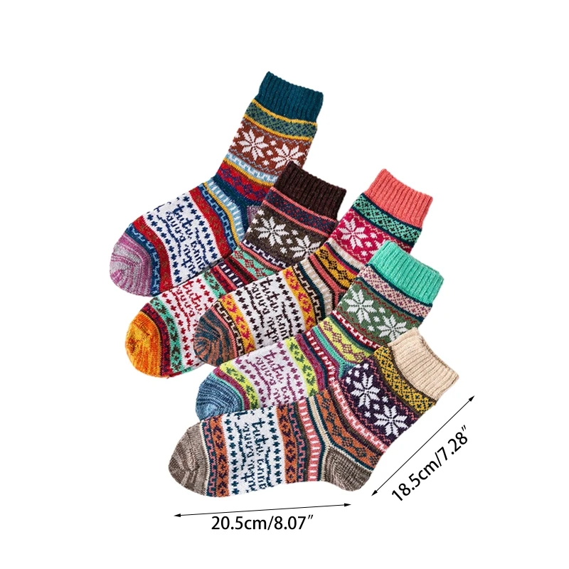 

5 Pairs Unisex Vintage Ethnic Snowflake Stripes Print Crew Socks Winter Warm Colorful Thick Knit Faux Wool Hosiery Gifts