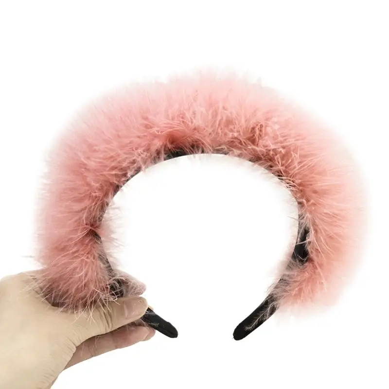 

Women Girl Fluffy Plush Stage Hair Hoop Multicolored Feather Party Wide Headband