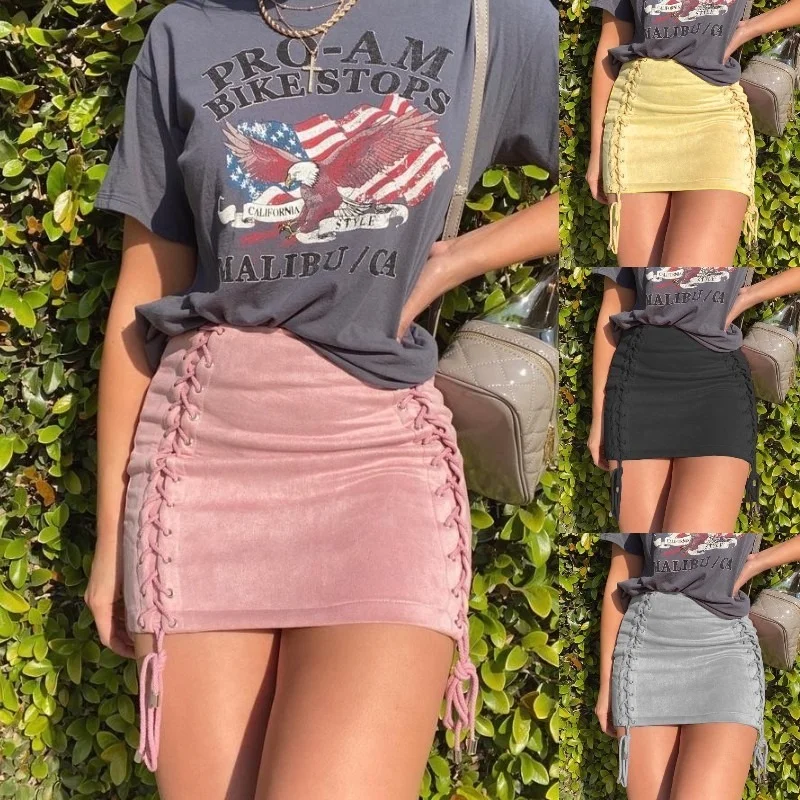 

Lugentolo Vintage Mini Skirt Women Summer Sexy Side Straps Slim Summer Fashion Solid Color A-LINE Short Skirts