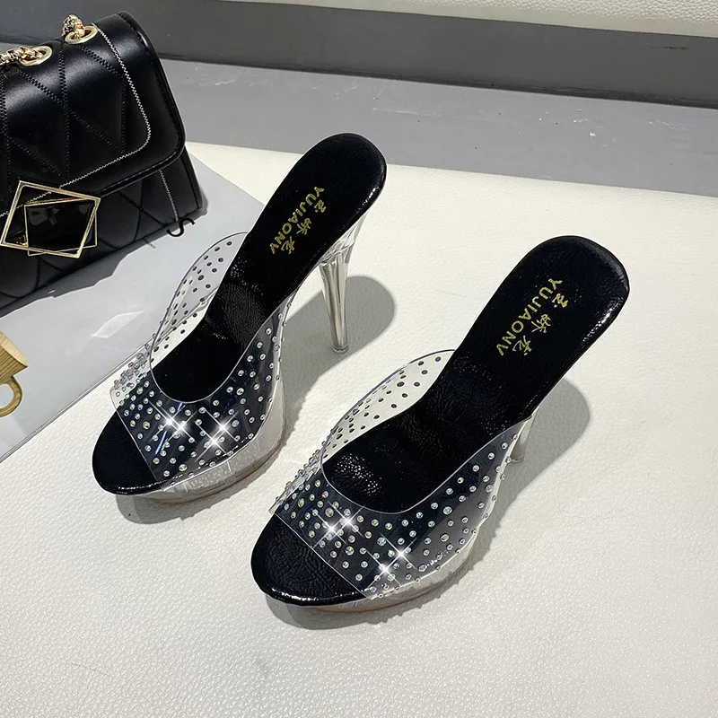

Glitter Slides Female Shoes Thin Heels Slippers Casual Peep Toe Big Size Heeled Mules Jelly 2021 Luxury Transparent High TPR Fab
