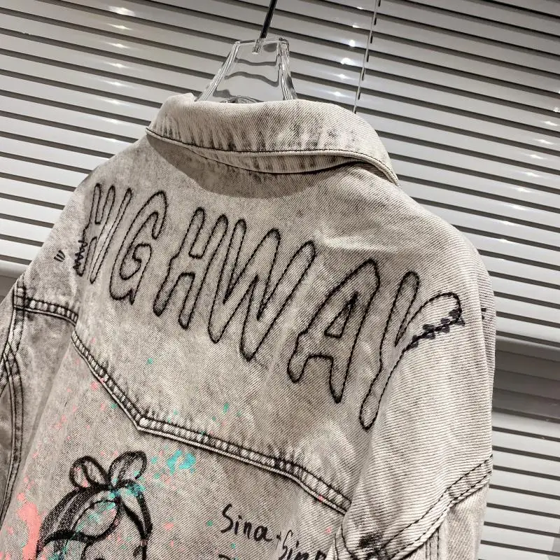 

Women's Denim 2-pieces Sets 2021 Spring New Street Graffiti Alphabet Embroidery Jacket Coats + Shorts Jeans Pants Outfits