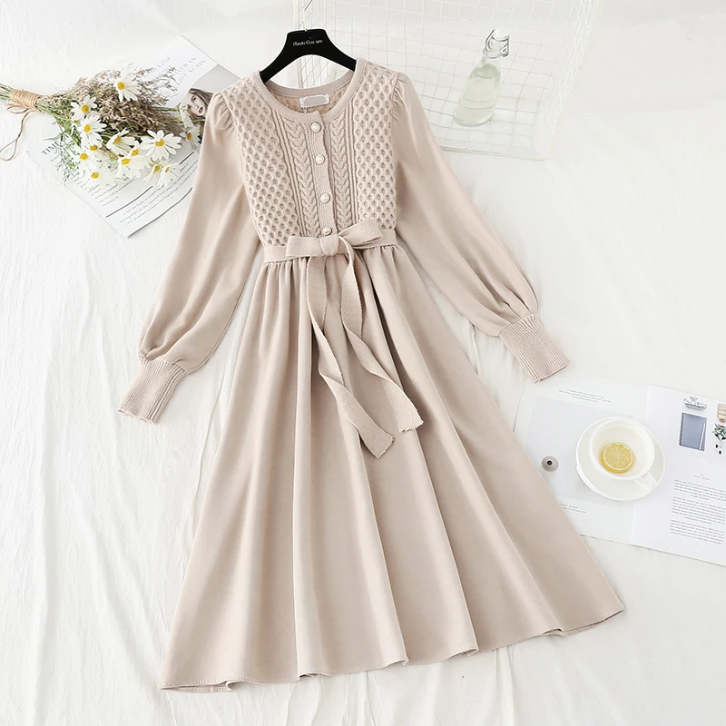 

Вельветовое платье в стиле пэчворк, весна-осень 2021, женское платье-свитер с бантом, женские зимние платья с рукавами-фонариками и прострочко...