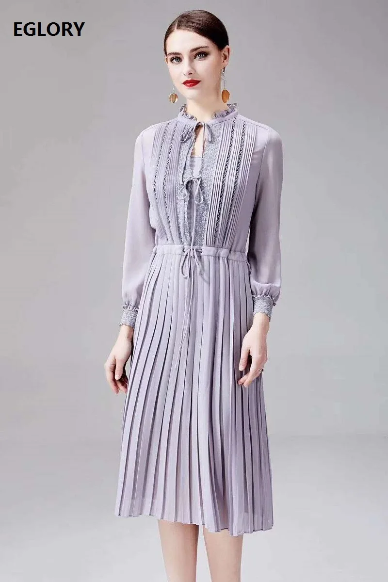 

Elegant Work Dress 2020 Spring Summer Style Women Hollow Out String Lace Deco Long Sleeve Mid-Calf Blue Black Pleated Dress XXL