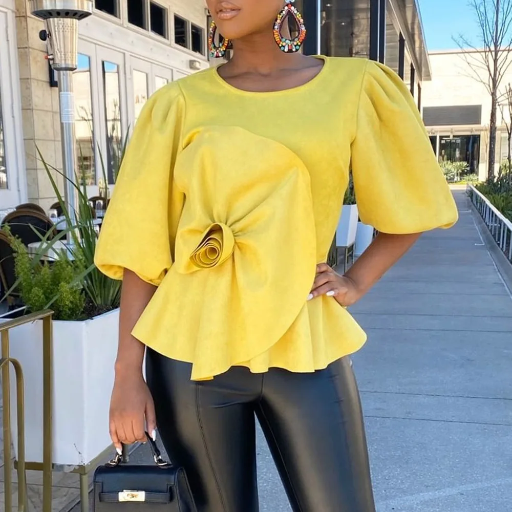 

Yellow women t-shirt lantern sleeve office lady tops summer african 2021 plus size ruffle causal work wear tee lady chic Yellow