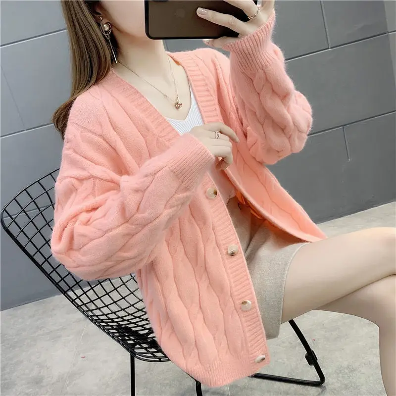 

Spring 2021 New Pure Color All-Matching Twist Sweater Cardigan Coat Loose Sweater for Female Students Outer Tops