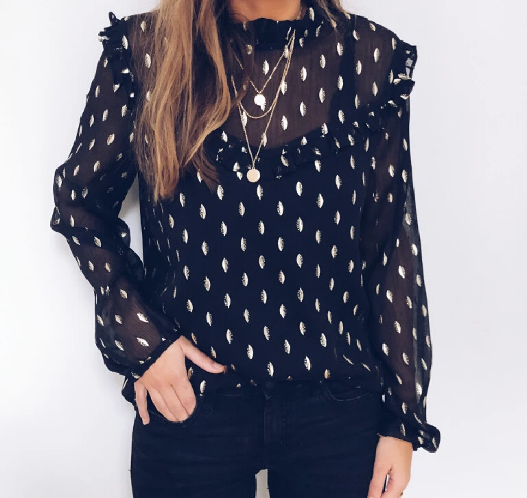 

Women Blouses Summer Ruffle Long Sleeve Blouse Casual Dot Shirt Ladies Shirt Woman Clothes OL Clothing Loose Blouse