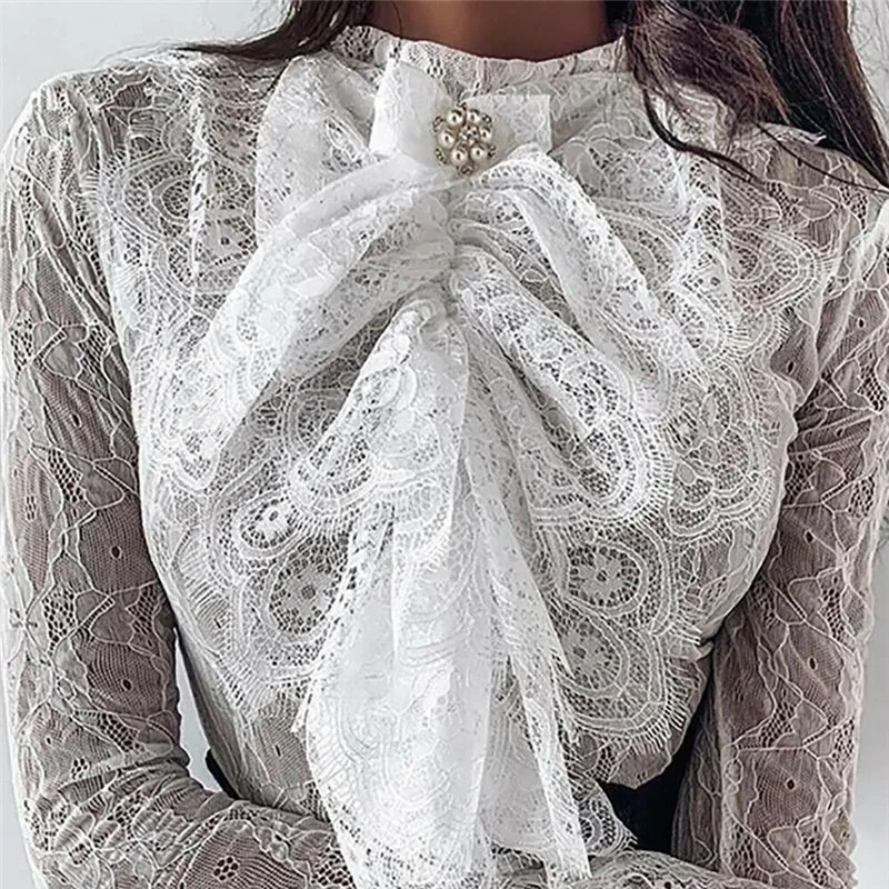

hirigin Women Lace Blouses female Casual bow new Shirts laides solid Long Sleeve Bow Tie Office fashion o-neck Tops