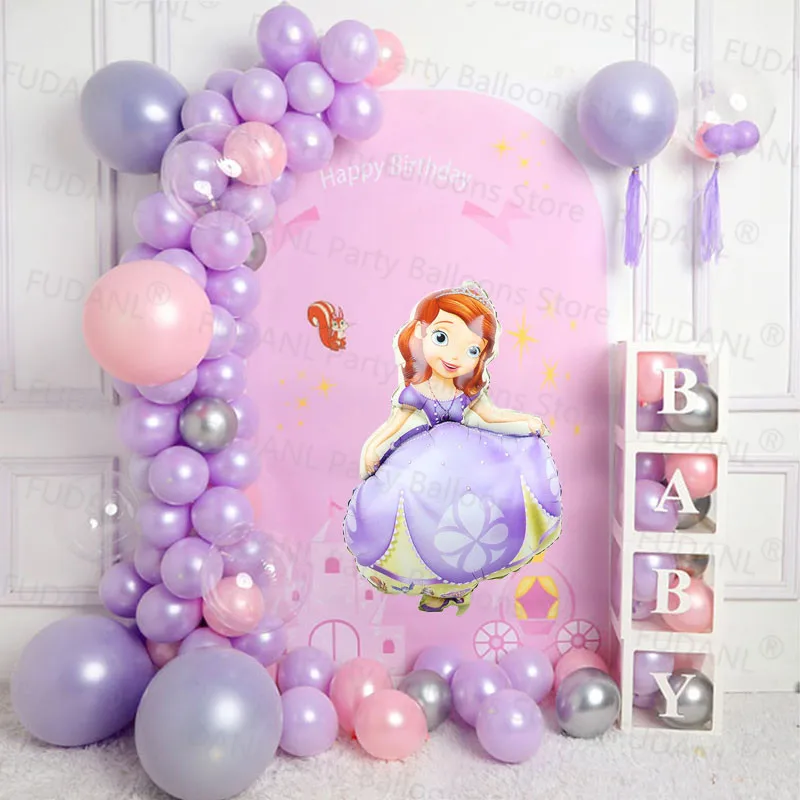 Globos de aluminio de Sofia de Disney para ni&ntilde;as, Kit de arco de guirnalda, fiesta de cumplea&ntilde;os de rosa y p&uacute;rpura Decoraciones, de l&aacute;tex, 83 Uds.-0