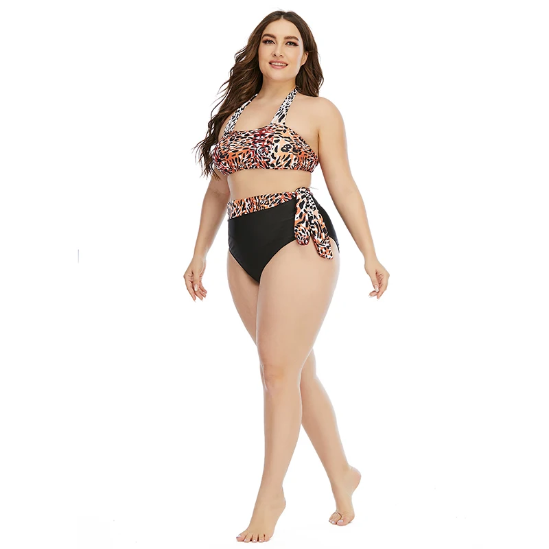 

Women Plus Size High Waist Swimwear 2021 New Print Bikinis Women Swimsuit Leopard Print Patchwork Design Beach Swimsuit