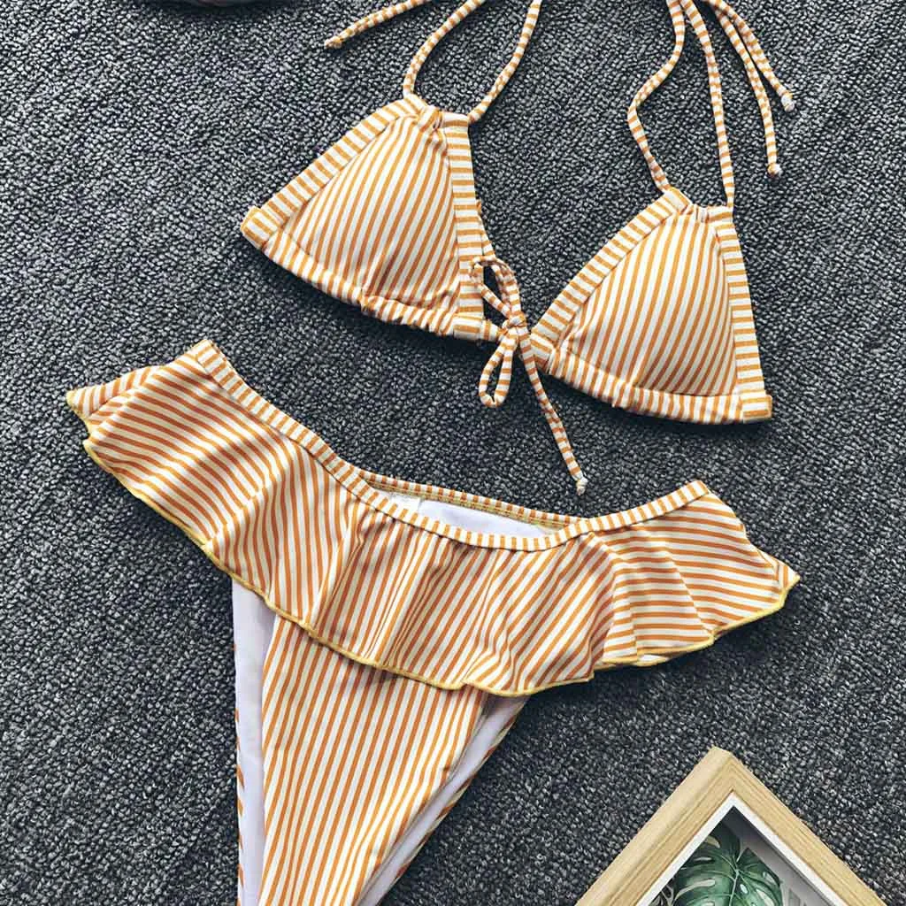 

Women Sexy Two Piece Swimsuit Fashion Summer Ruffles Bikini Push-Up Pad Swimwear Striped Swimsuit Bathing Beachwear Set Biquini