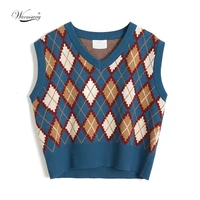 vest women sweater 2021 new fashion british diamond lattice pullover fashion youth students mix match sweater vest b 170