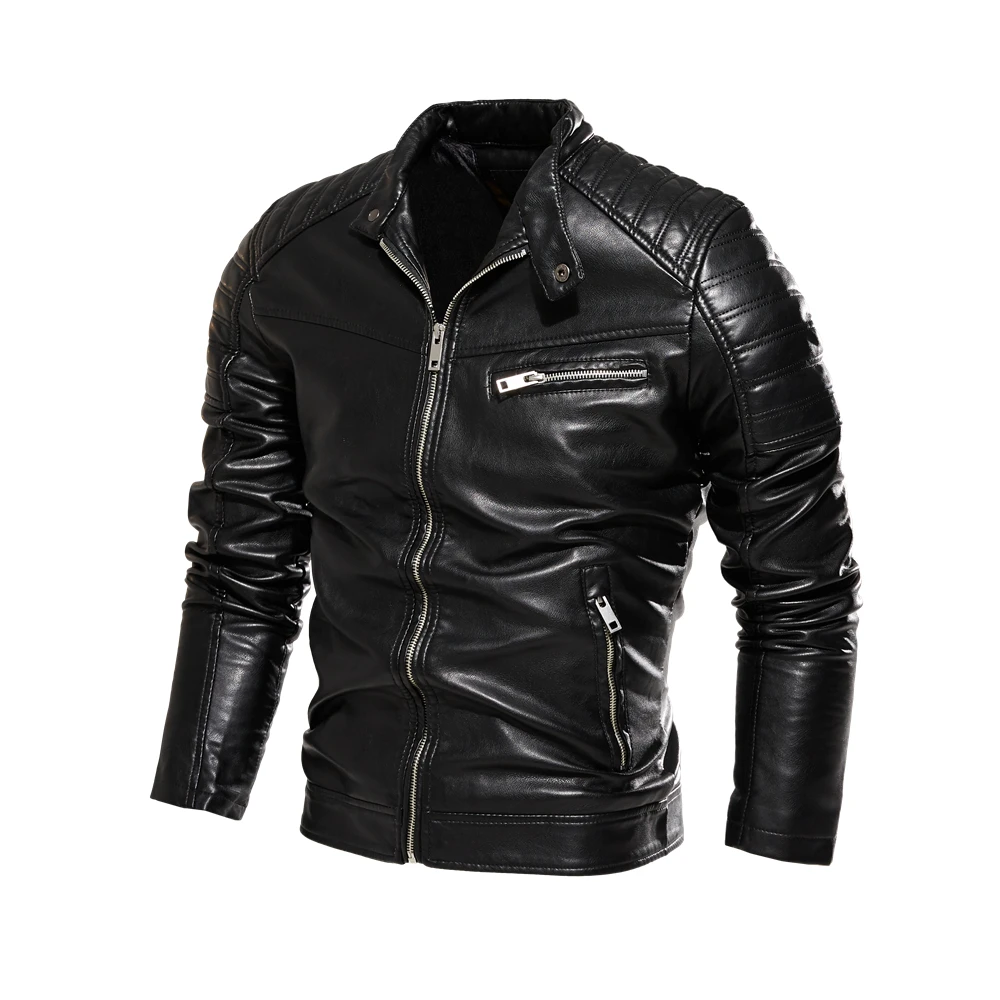 

Мужская мотоциклетная куртка из ПУ кожи, с флисовой подкладкой и воротником-стойкой