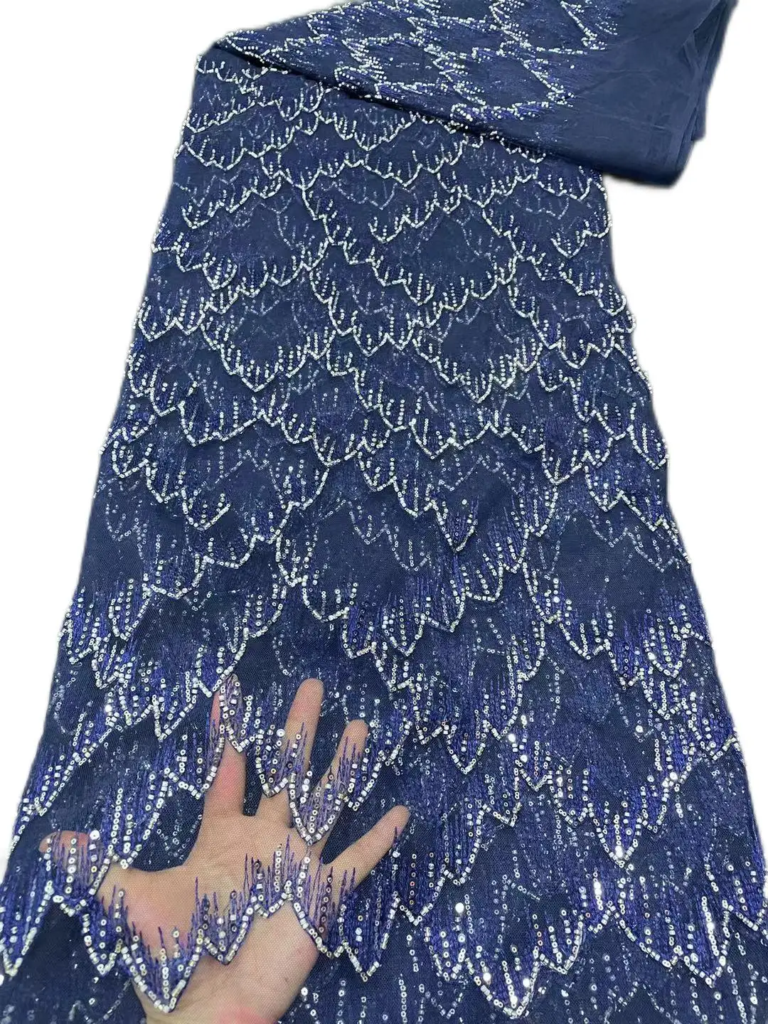 

Embroidered Mesh Lace Beaded Sequin Fabric 5 Yards 2021 New High Quality African Lace Fabric For Wedding Dresses Sewing FJ-080