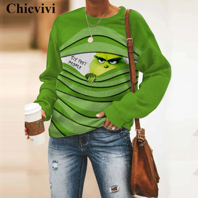 

Смешные рождественские свитшоты Grinch, Осень-зима, Повседневная рубашка с круглым вырезом и длинным рукавом, с буквенным принтом в стиле Хара...