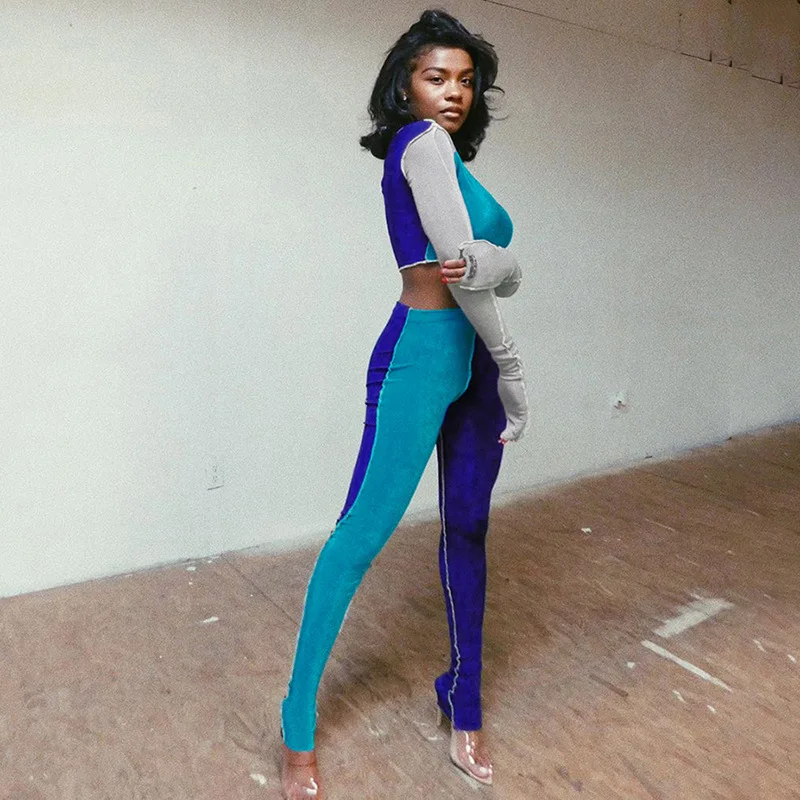 

fashion activewear street casual patchwork t shirt and pants two piece matching set women skinny elastic fitness sporty outfit