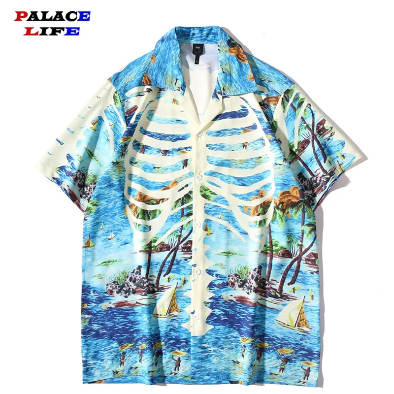 

Men Hip Hop Harajuku Hawaiian Shirt Streetwear Marine Skeleton Print Beach Shirt 2021 Summer Short Sleeve Aloha Shirt Thin