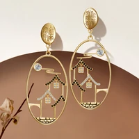 minar chinese style shiny rhinestone landscape painted long drop earrings for women hollow geometric earring vintage jewelry