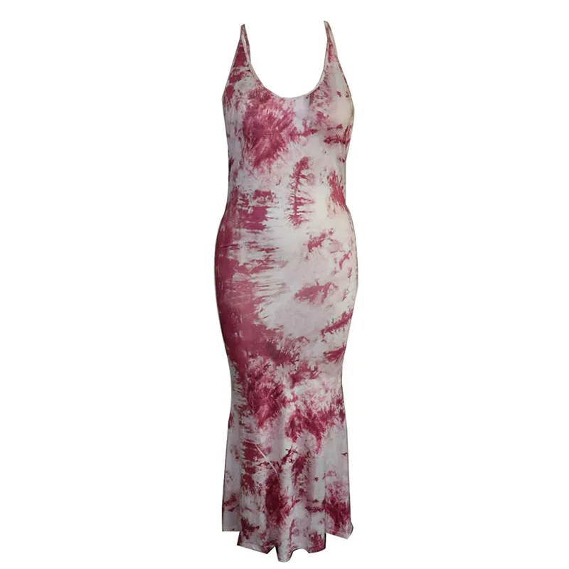 Сексуальное пляжное платье с принтом Tie Dye, женское желтое платье на бретельках с открытой спиной, длинное платье макси, летнее фиолетовое платье Бохо без рукавов с v-образным вырезом