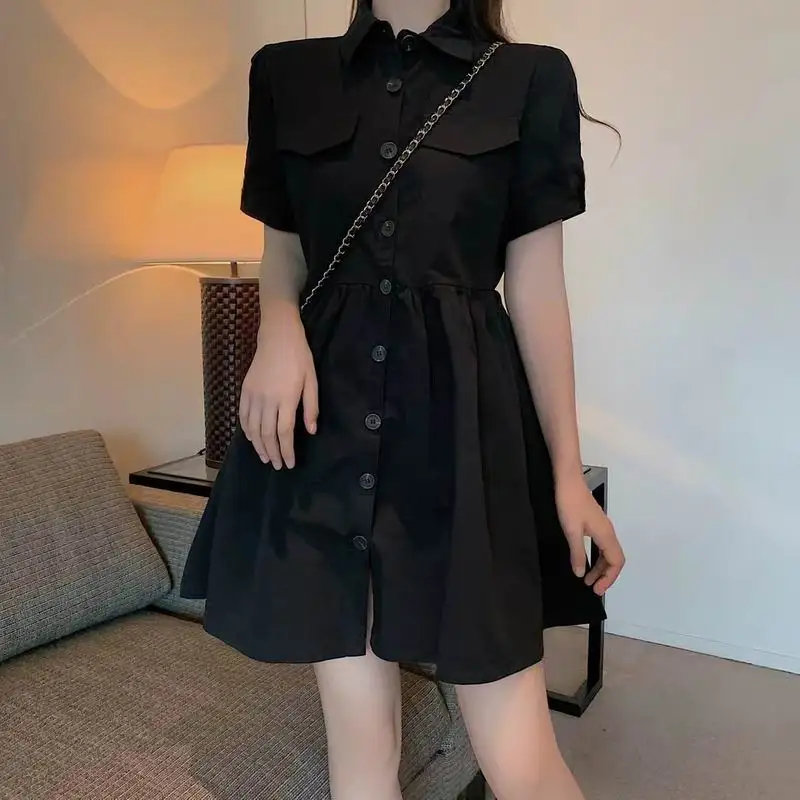 

2021 Summer Autumn Korean Version POLO Collar Skirt Waist Student Small Short-sleeved Dress Retro French Temperament For Women