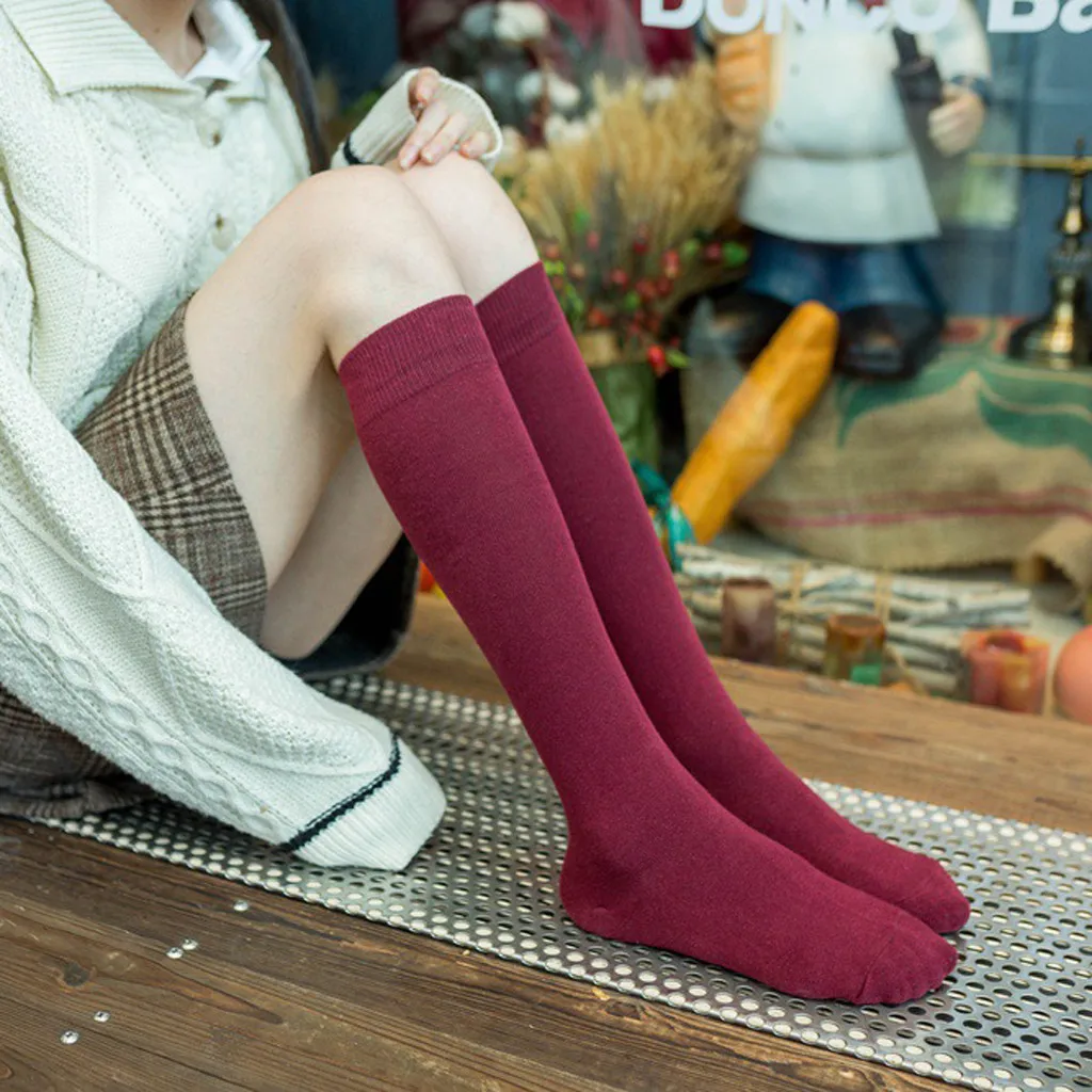 Женские однотонные носки простые хлопковые выше колена в японском стиле с