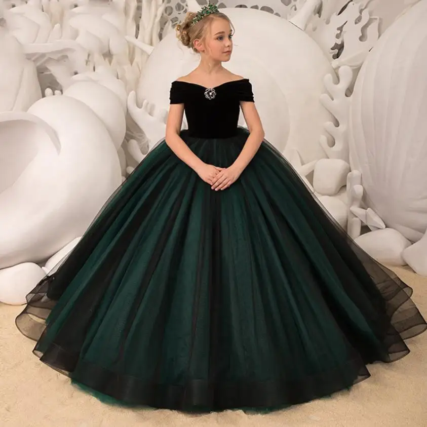 

Train Flower Girl Prom Green Tulle Gowns Patchwork Long Primera Comunion Shoulderless Wedding Princess Dress For Girls L1135