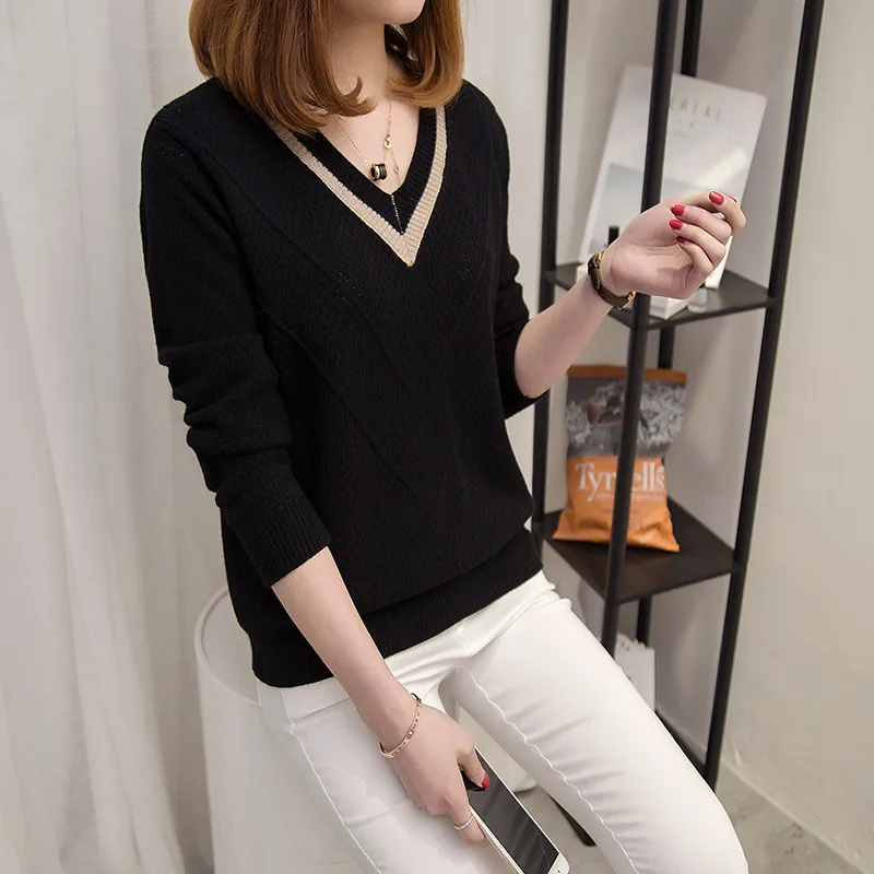 

2020 New Autumn Winter Sweater Women Jumper Hollow Out V-neck Loose Knitted Pullover Sweater Long Sleeve Female Pull Femme R307