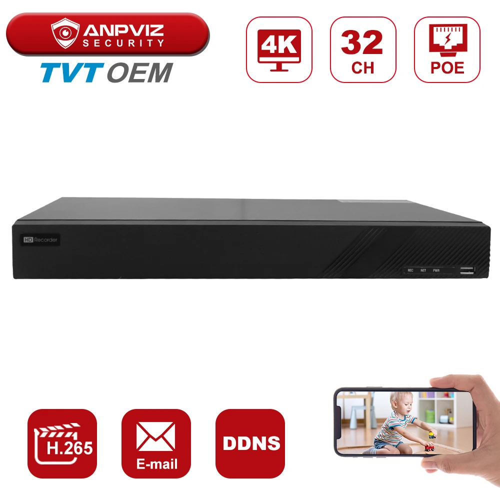 Bestellen Anpviz POE NVR H.265 TVT OEM NVR 32CH Ausgang 4K 8MP Echtzeit Aufnahme POE NVR P2P Onvif 25/30fps P2P Remote View In Aktien