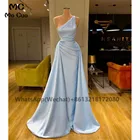 ТРАПЕЦИЕВИДНОЕ синее вечернее платье на одно плечо для выпускного вечера 2021 года со шлейфом, блестящее атласное женское вечернее платье по индивидуальному заказу