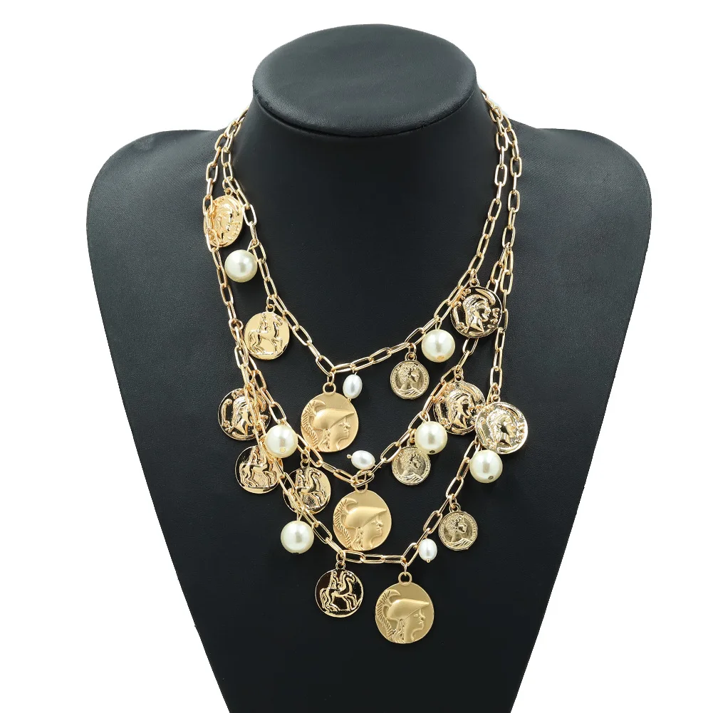 

Popular Retro Ethnic Style Portrait Pendant Metal Multi-chain Inset Pearl Jewelry Algerian Women's Jewelry Gift Wedding Necklace