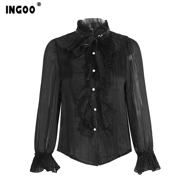 Женская винтажная шифоновая рубашка INGOO элегантная повседневная с рукавами