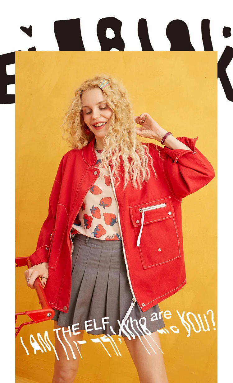 ELFSACK, одноцветное, с вышивкой Бетти, минималистичное Женское пальто, осень, длинный рукав, лента, молния, свободные, повседневные женские куртки