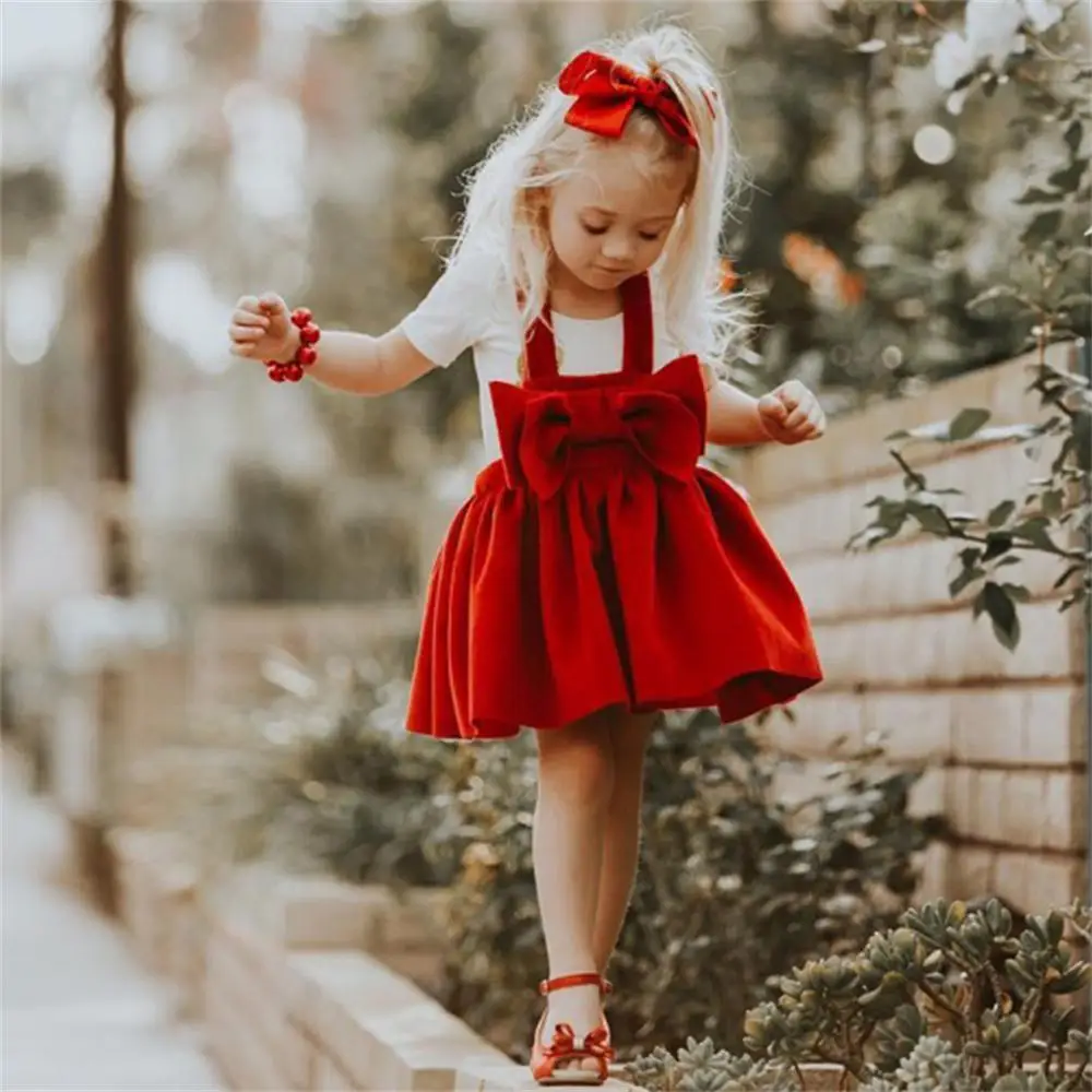 Christmas Girl Dresses Europe Style 2021 Winter Woolen Strap Dress Red Bow Princess Costume Vestidos Girls Party Clothes 2-7Y | Детская