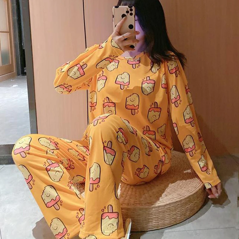 

Tonngirls Cute Pyjamas Women Cartoon Sleepwear Female Print Nightwear Long Sleeve Night Suit Comfortable Homewear Pijama Mujer
