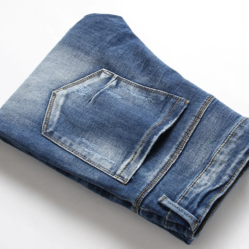 

Cross Border Men's Embroidered Wrinkled Stretch Jeans With Hole Patch Slim Fit Small Straight Tube Light Blue Nostalgic Jeans