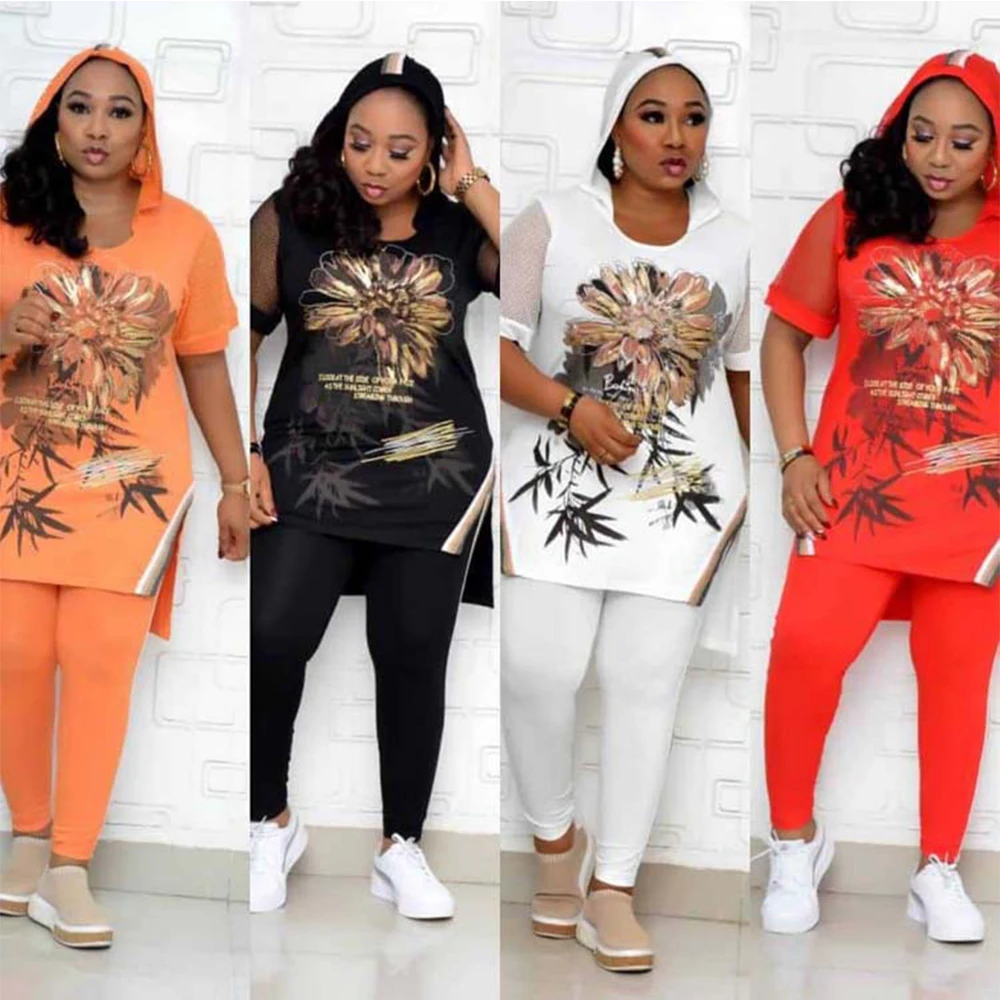 

Ladies European And American Explosion Styles African Mothers Printed Loose T-shirt Top + Nine Pants Large Size Sportswear Set