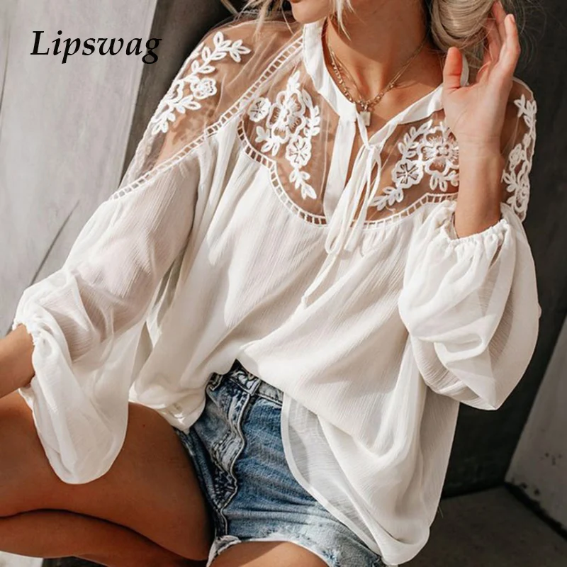 

Women Summer See Through Patchwork Lace Blouses Sexy Spring Embroidery Lace Up Loose Streetwear Tops Flower V Neck Casual Shirts