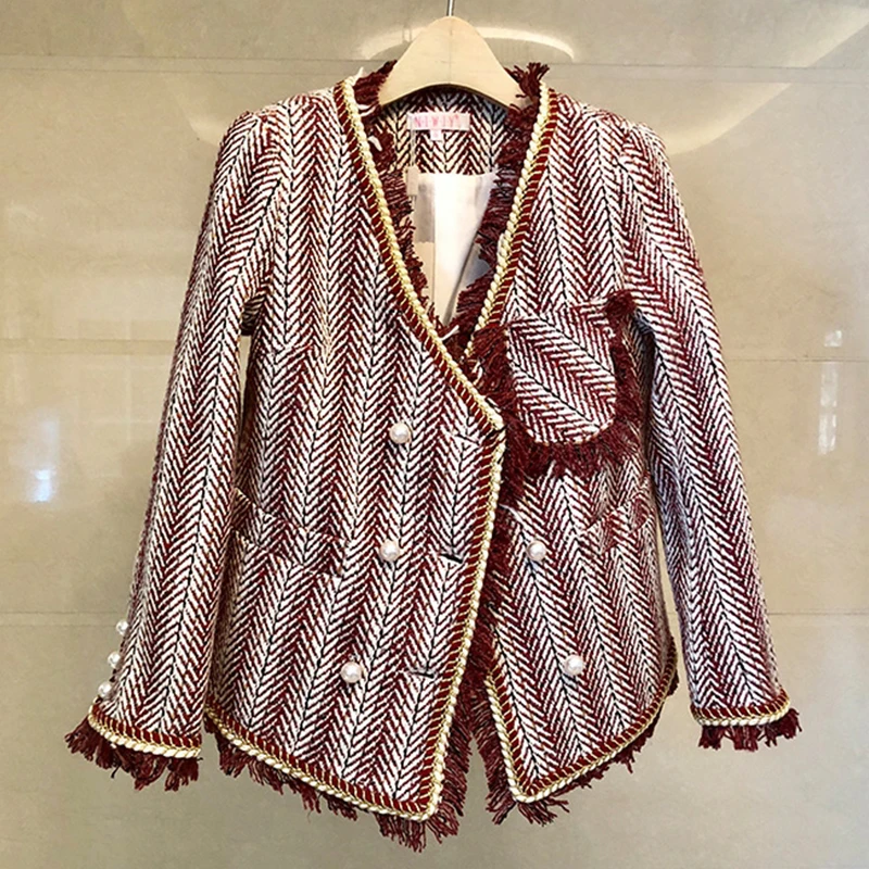 Harajuku Blue White Striped Tweed Jacket 2019 Winter Women Long Sleeve V Neck Elegant Overcoat Bead Pearls Tassels Cardigan Coat | Женская