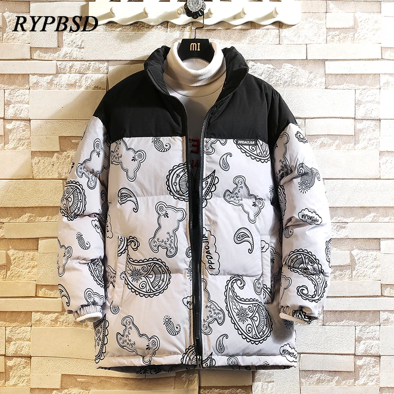 Winter Puffer Jacket Men 2021 Fashion Harajuku Stand Collar Bandana Bear Print Loose Windproof Warm Parka Bubble Coats Women