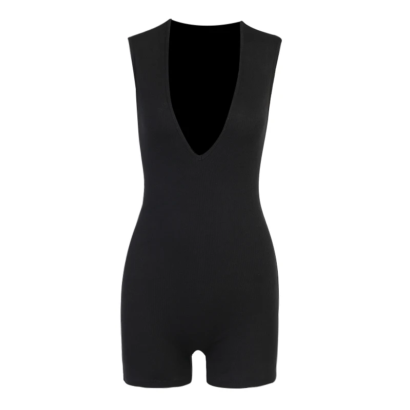 

Skinny Playsuit V Neck Knitted One-pieces Bodysuit Slim Bodycon Casual Fitness Women Short Sleeve Summer Playsuit