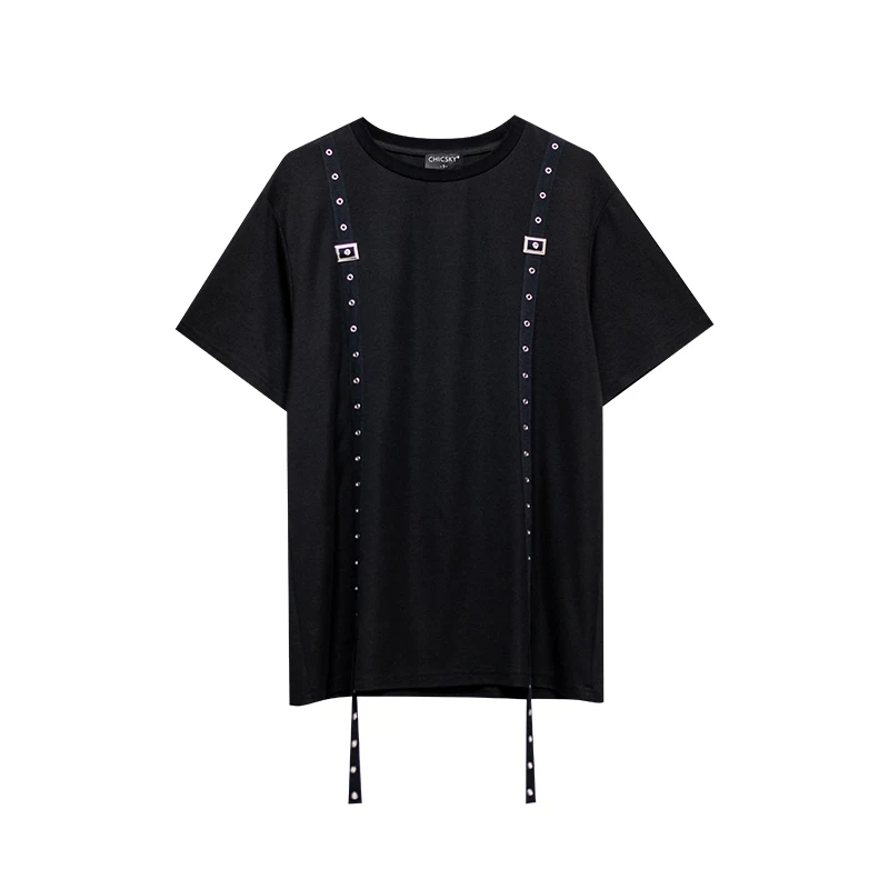 

XITAO Trendy Casual Women T-shirt Summer New Metal Button Splicing Webbing Summer New Street Fashion All-match Top CLL1394
