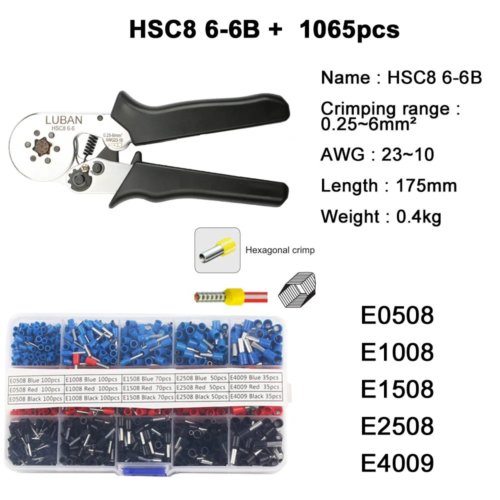 6-6B 1065pcs Обжимные инструменты плоскогубцы электрические трубчатые Клеммы Коробка мини зажим HSC8 10SA 0,25-10mm2 23-7AWG 6-4B/6-6 16-4 Наборы инструментов - Цвет: 6-6B 1065pcs