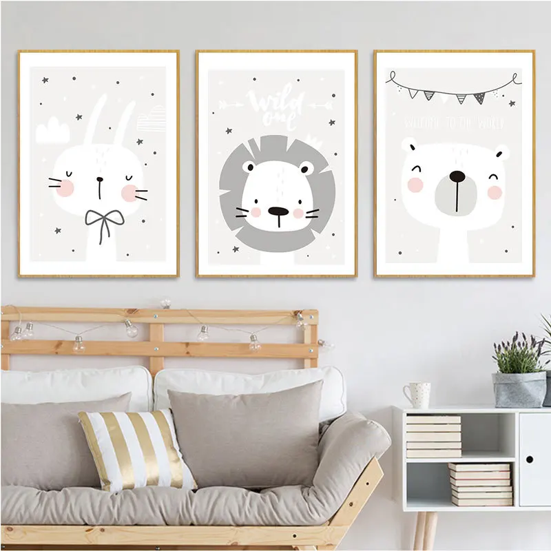 Современный мультяшный милый кролик Лев животное Печать Искусство гостиная