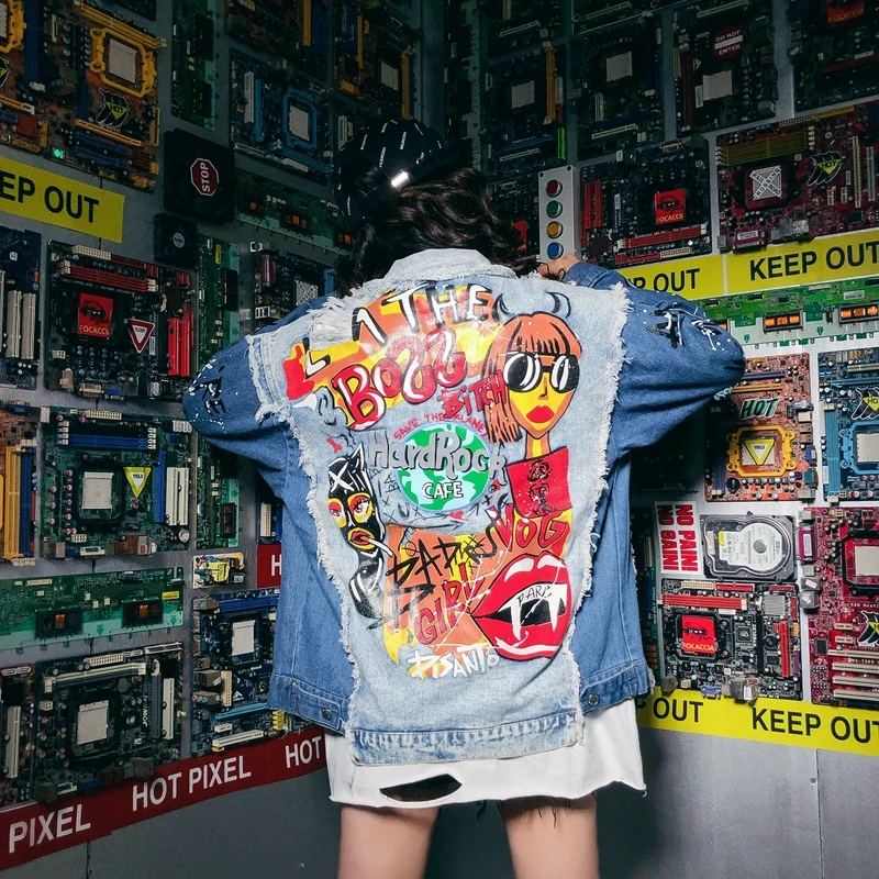 

Куртка женская в стиле хип-хоп, голубая, с принтом, разорванная, в готическом стиле, на осень, джинсовое пальто женское, 2021